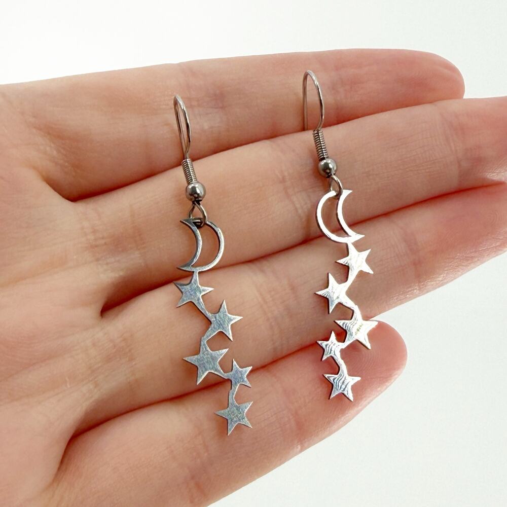 Silver Moon & Star Dangle Earrings | Celestial Shooting Star Drop Jewelry